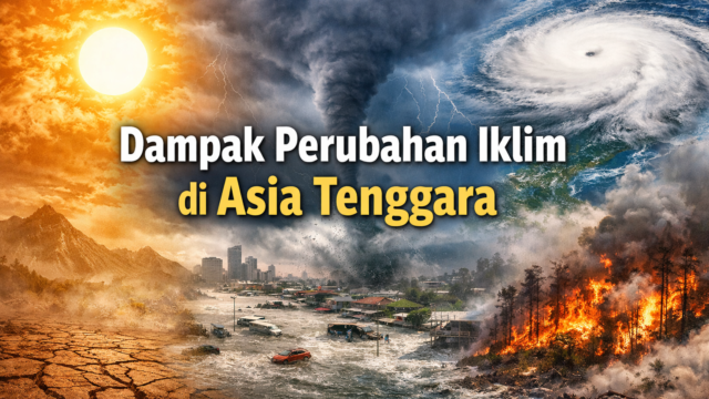 Ilustrasi dampak perubahan iklim di Asia Tenggara berupa gelombang panas, banjir, badai, dan kebakaran hutan