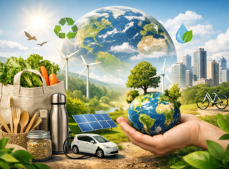 Ilustrasi gaya hidup ramah lingkungan dengan energi terbarukan, tas belanja reusable, dan konsep bumi berkelanjutan