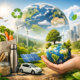 Ilustrasi gaya hidup ramah lingkungan dengan energi terbarukan, tas belanja reusable, dan konsep bumi berkelanjutan