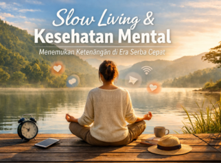 Ilustrasi seseorang bermeditasi di tepi danau sebagai simbol slow living dan kesehatan mental di era modern